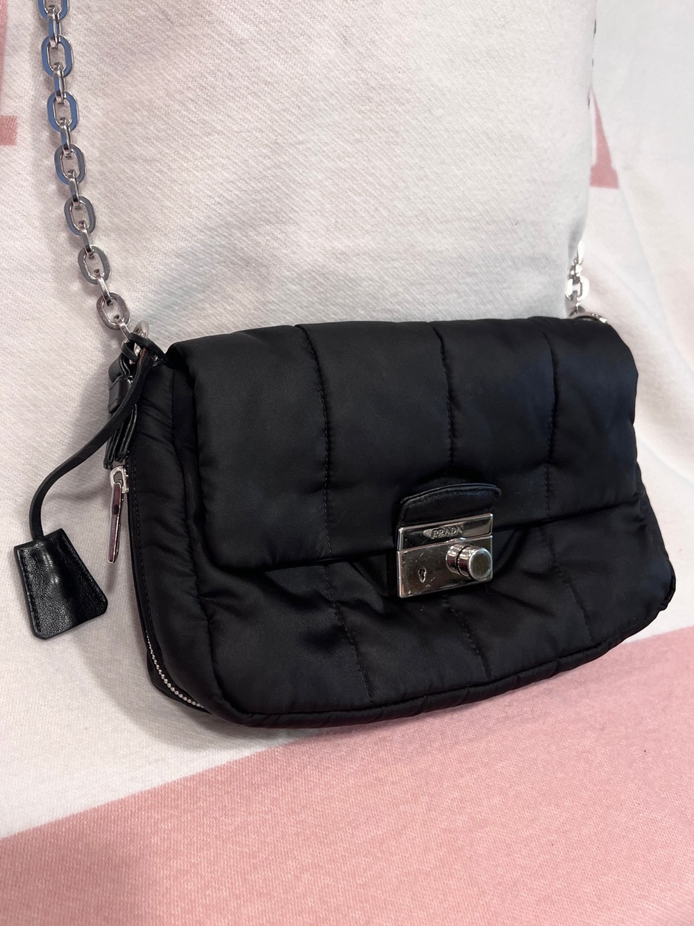 PRADA!⭐️Black Quilted Tessuto/leather Bomber Bag! Crossbody Bag with Silver! - Picture 2 of 16